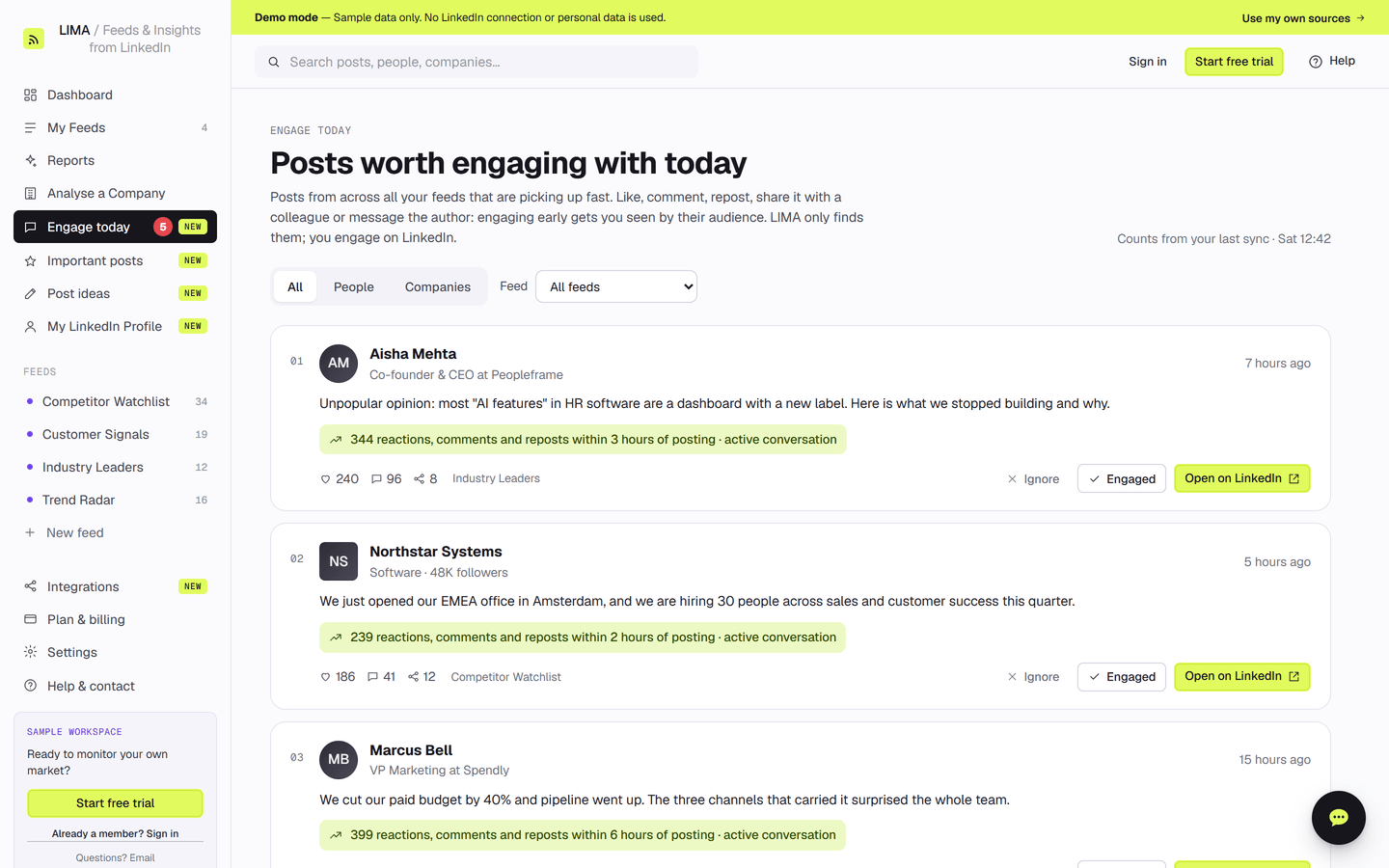 Engage today in LIMA, listing fast-rising LinkedIn posts with their early reactions and Engaged and Ignore buttons