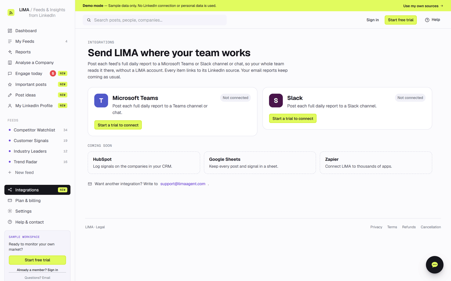 LIMA Integrations page with Microsoft Teams and Slack connections for posting daily LinkedIn reports to a channel